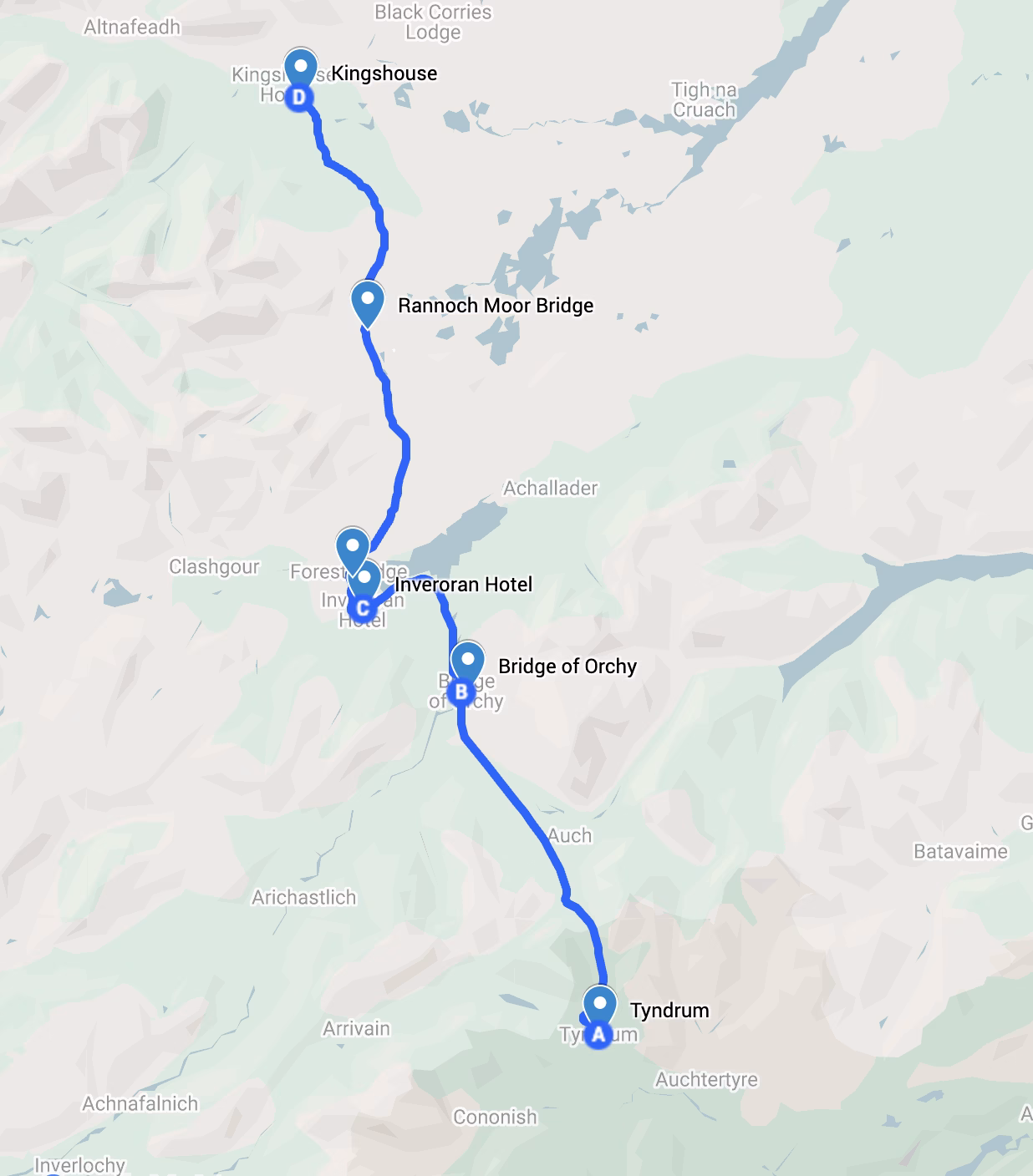 The route of day 5 of the West Highland Way hike in Scotland from Tyndrum to Kingshouse